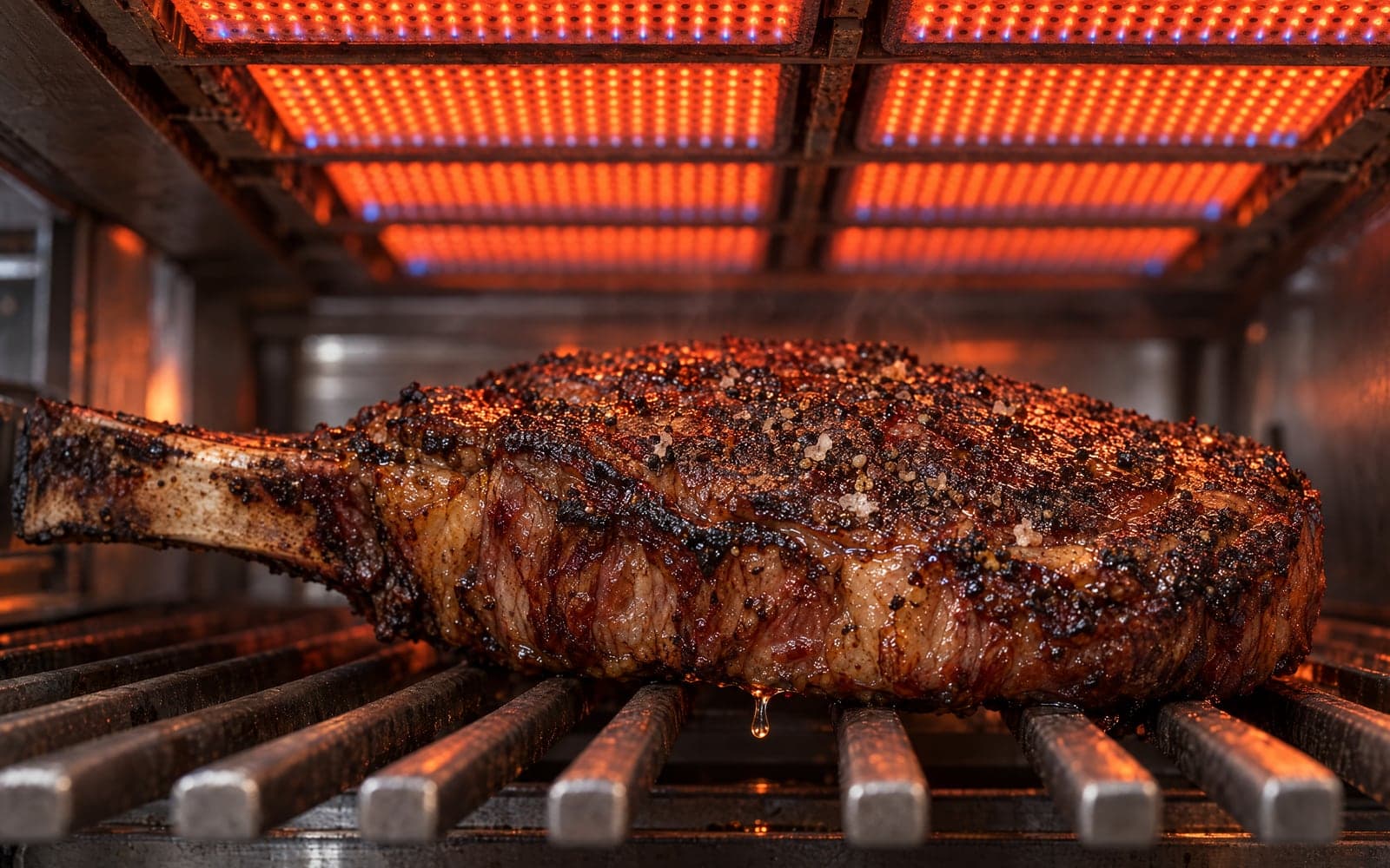 Two thick bone-in ribeyes with dark crusts on a steel broiler grid under glowing orange ceramic radiant tiles.