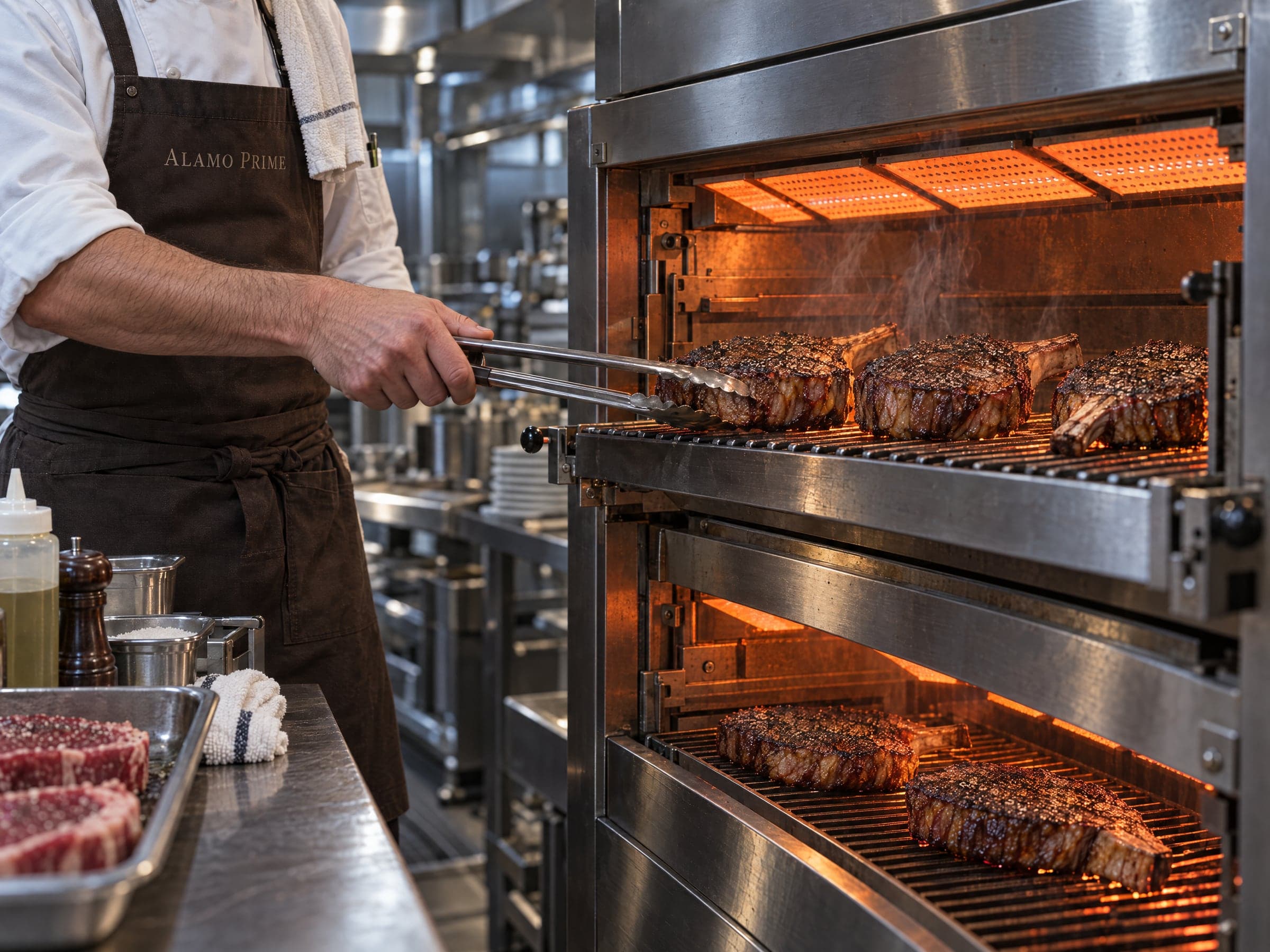A cook in a brown Alamo Prime apron turning bone-in ribeyes on the pulled-out grid of a double-deck ceramic infrared broiler, both chambers glowing orange.