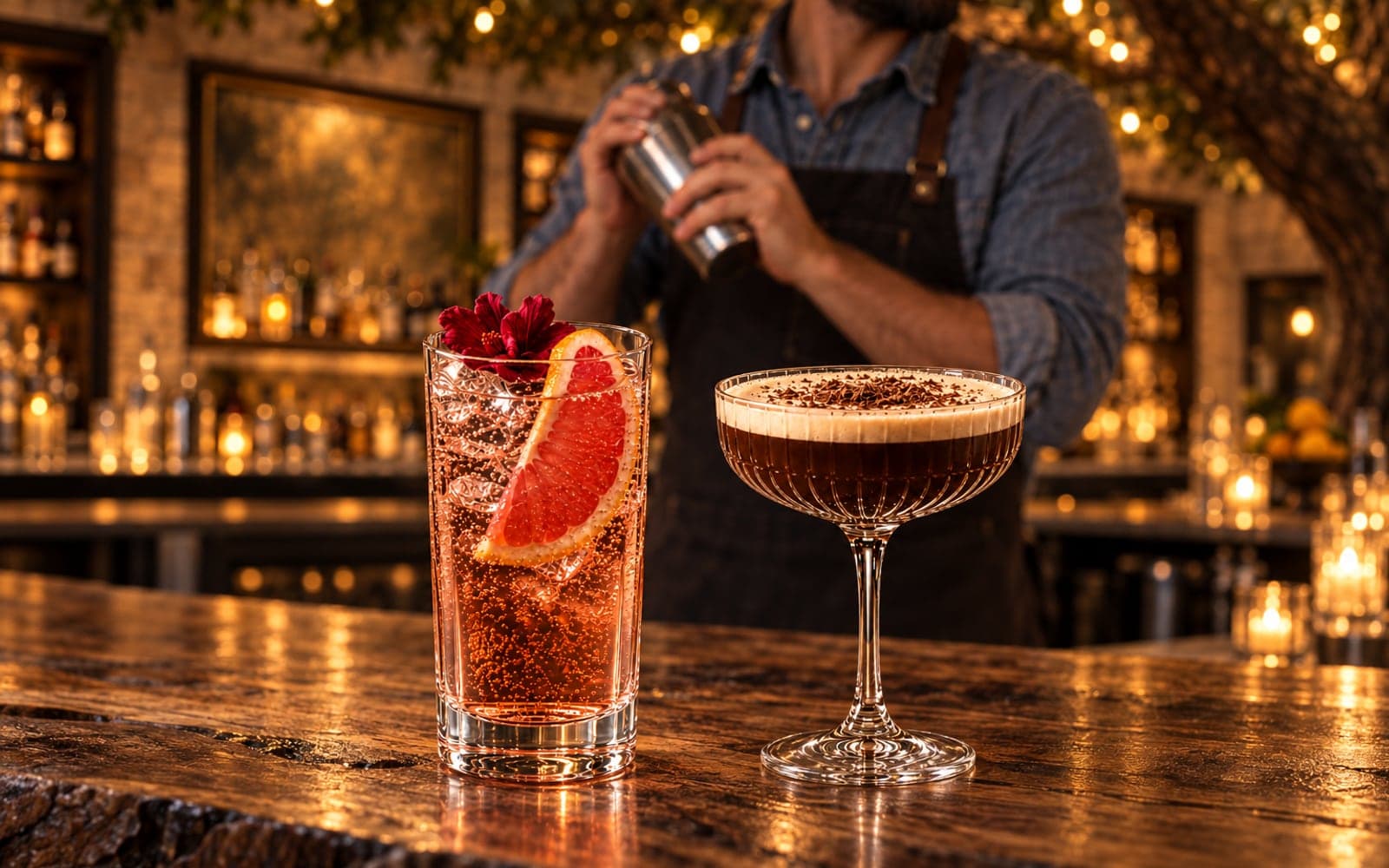 Copper Bloom and Midnight Soufflé cocktails on the live-edge wooden tree bar at Alamo Prime while a bartender shakes a cocktail behind them.