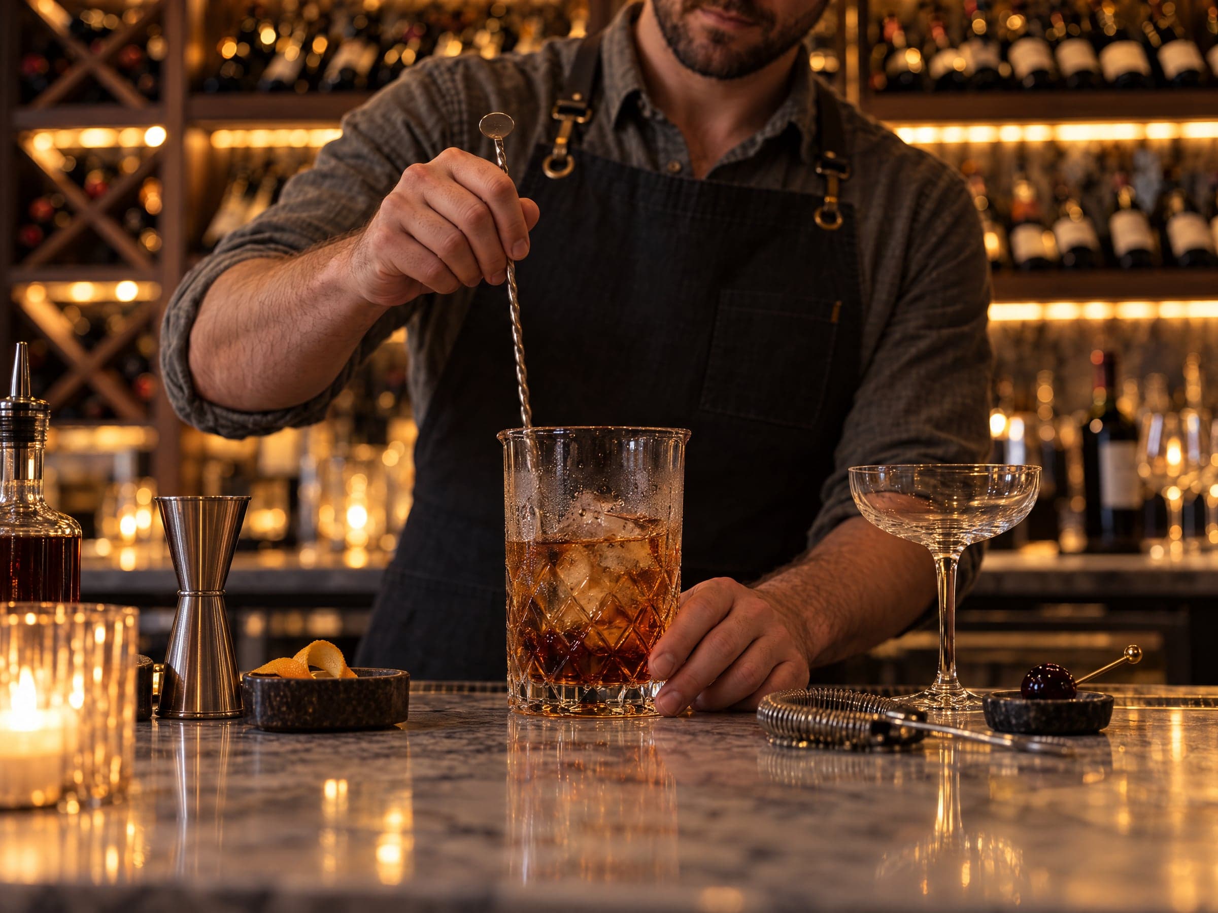 A bartender stirring a cocktail over ice at the Alamo Prime bar, backlit by glowing wine shelves.