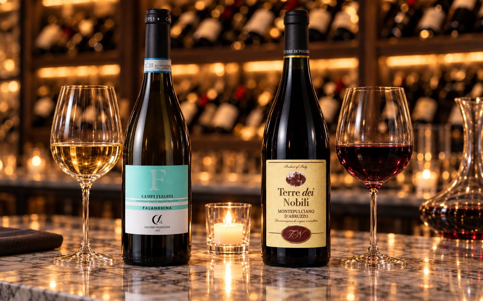 Bottles of Cantine Federiciane Falanghina and Terre dei Nobili Montepulciano on the marble bar at Alamo Prime, with a glass of white and a glass of red.