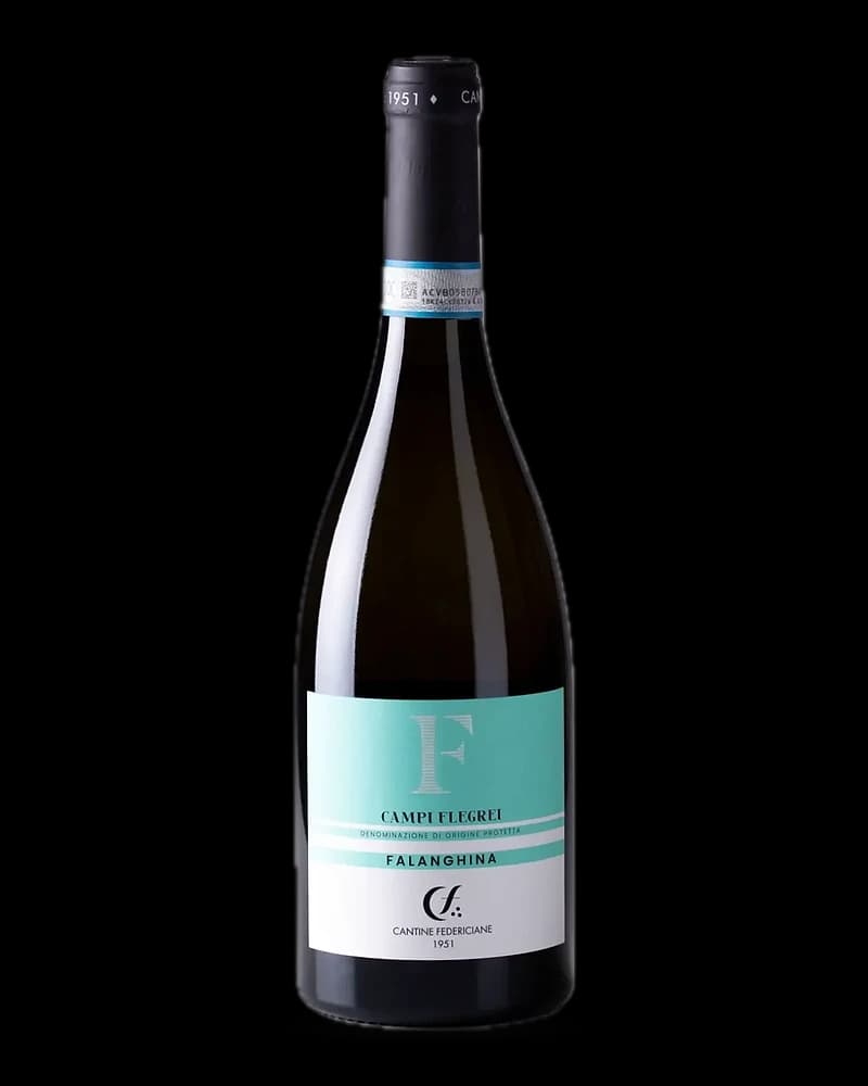 Bottle of Cantine Federiciane Falanghina with a turquoise and white label.