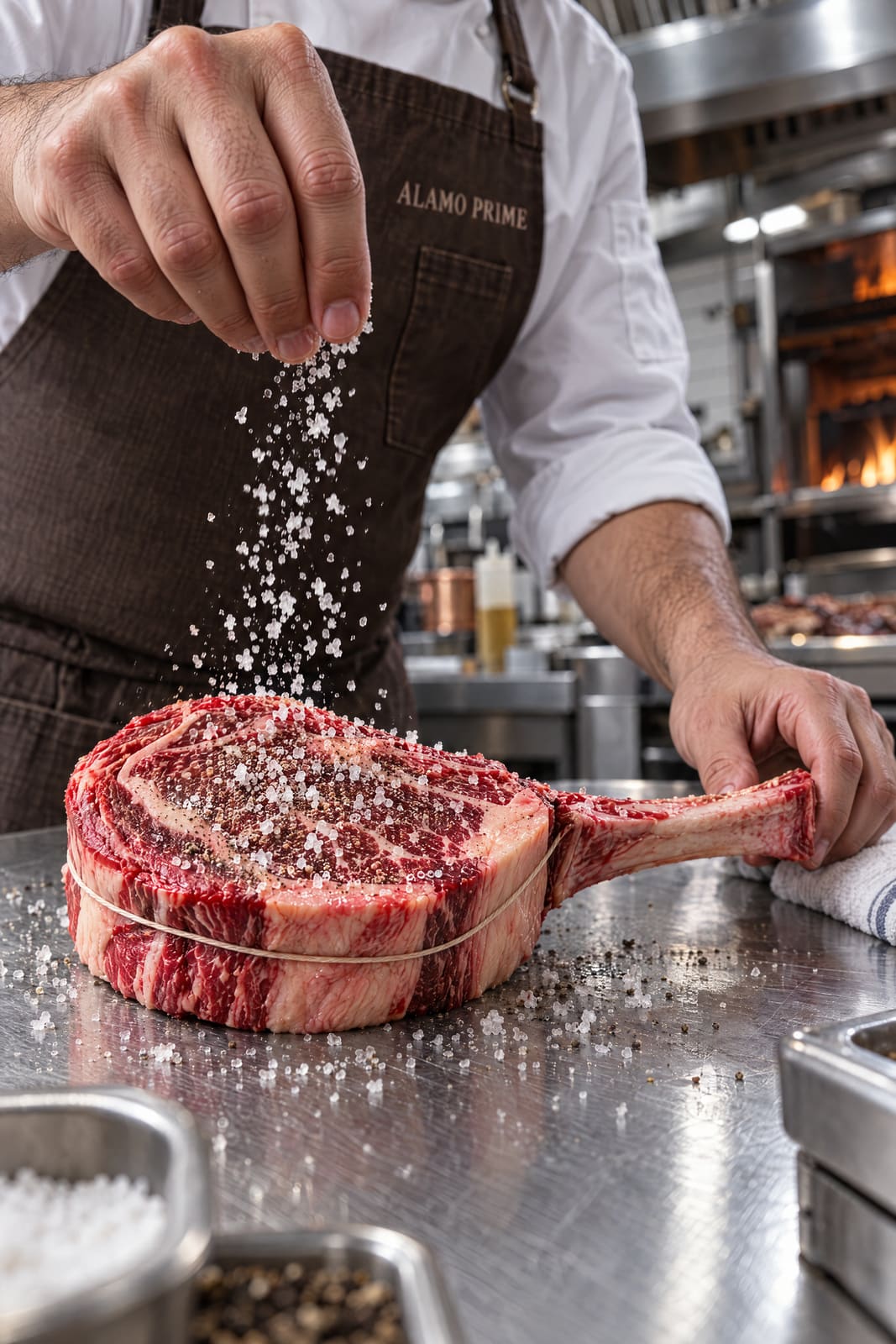 Salting a tomahawk before it hits the fire.