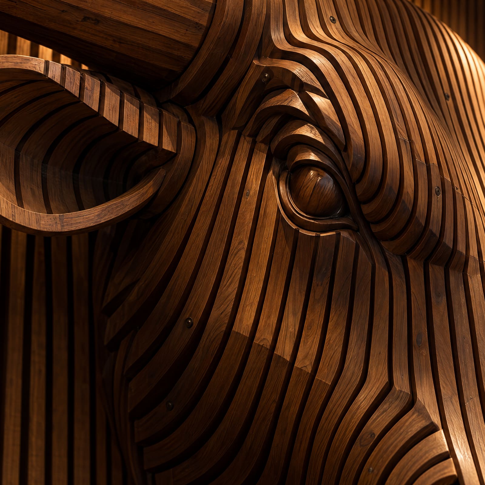 The longhorn sculpture, carved from stacked timber slats.