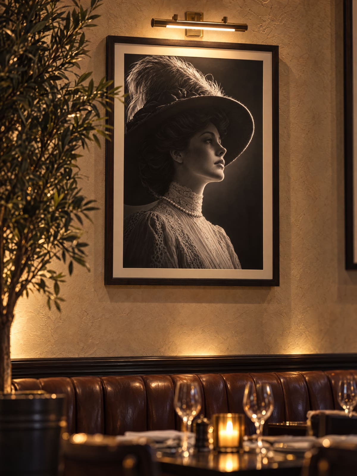 A black-and-white portrait of a woman in a plumed hat, hung on the dining-room wall.